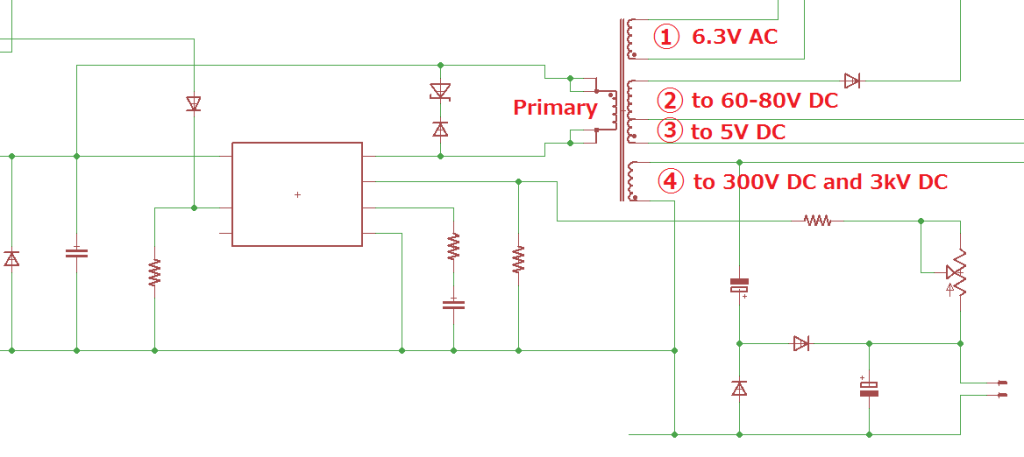 Typical multiwinding flyback circuit - as used in production model Oscilloclocks